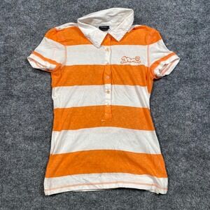 Le Tigre‎ Womens Orange White Striped Short Sleeve Polo Shirt Size M Embroidered